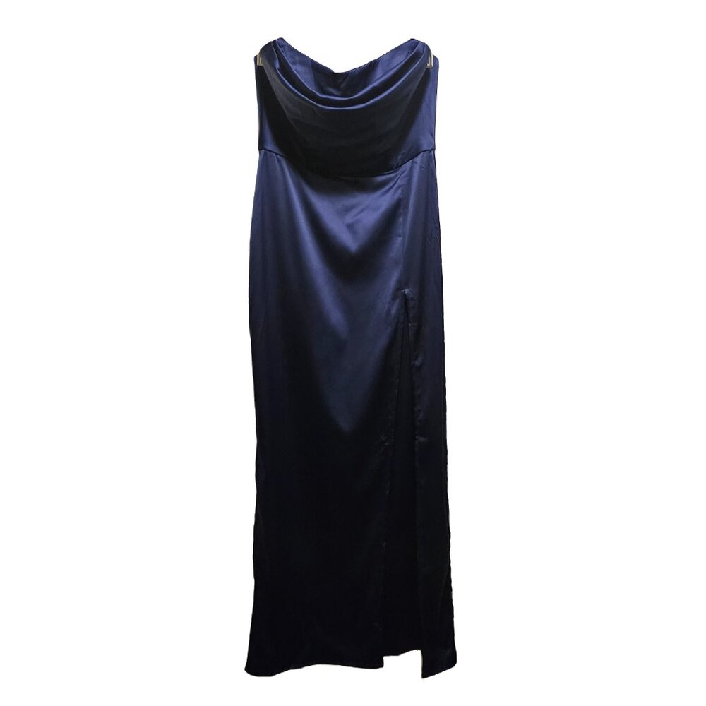 NWT BABYBOO Navy Blue Everly Strapless Maxi Evening Dress With Slit Size Large